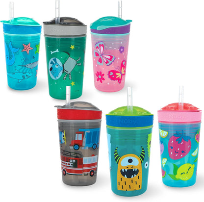 Nuby All in One Snack Bowl and No Spill Soft Straw Cup - Snack N' Sip Colors and Prints May Vary - Holds: 4.5 oz Container with Lid and 9 oz/ 270 ml Straw Cup (12 Months +)