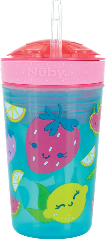 Nuby All in One Snack Bowl and No Spill Soft Straw Cup - Snack N' Sip Colors and Prints May Vary - Holds: 4.5 oz Container with Lid and 9 oz/ 270 ml Straw Cup (12 Months +)