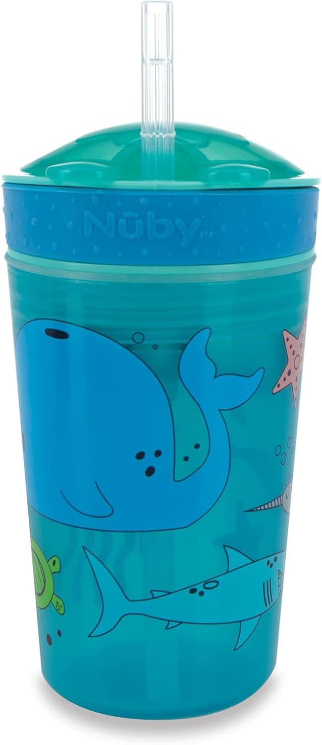 Nuby All in One Snack Bowl and No Spill Soft Straw Cup - Snack N' Sip Colors and Prints May Vary - Holds: 4.5 oz Container with Lid and 9 oz/ 270 ml Straw Cup (12 Months +)