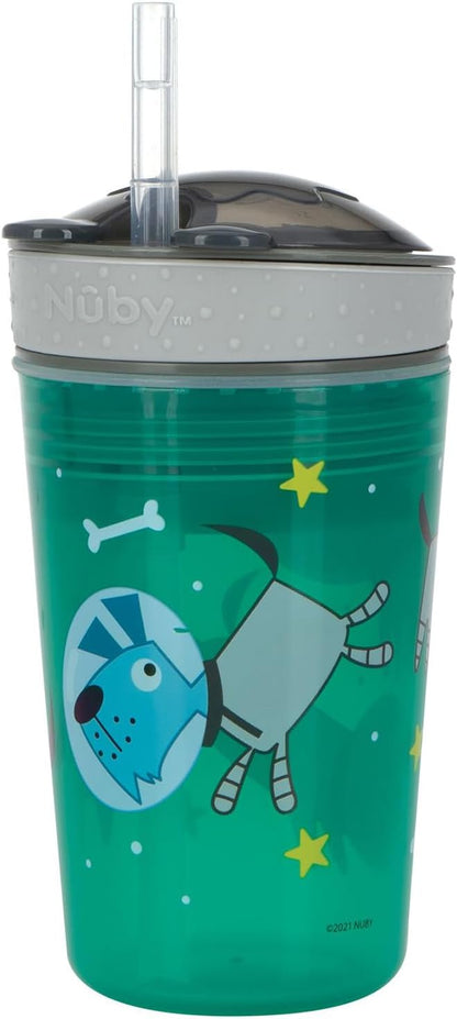 Nuby All in One Snack Bowl and No Spill Soft Straw Cup - Snack N' Sip Colors and Prints May Vary - Holds: 4.5 oz Container with Lid and 9 oz/ 270 ml Straw Cup (12 Months +)