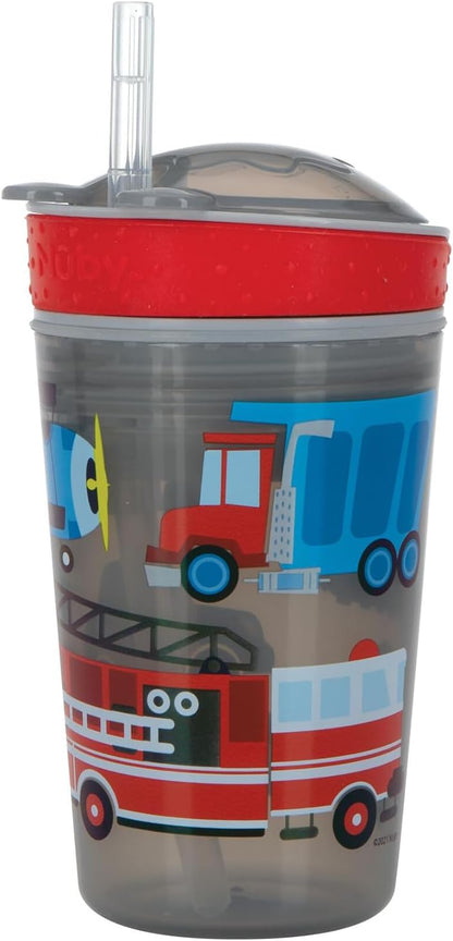 Nuby All in One Snack Bowl and No Spill Soft Straw Cup - Snack N' Sip Colors and Prints May Vary - Holds: 4.5 oz Container with Lid and 9 oz/ 270 ml Straw Cup (12 Months +)