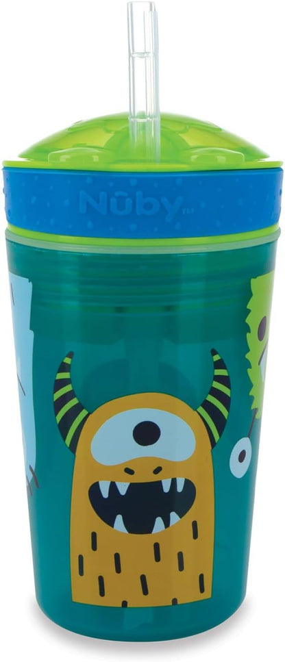Nuby All in One Snack Bowl and No Spill Soft Straw Cup - Snack N' Sip Colors and Prints May Vary - Holds: 4.5 oz Container with Lid and 9 oz/ 270 ml Straw Cup (12 Months +)