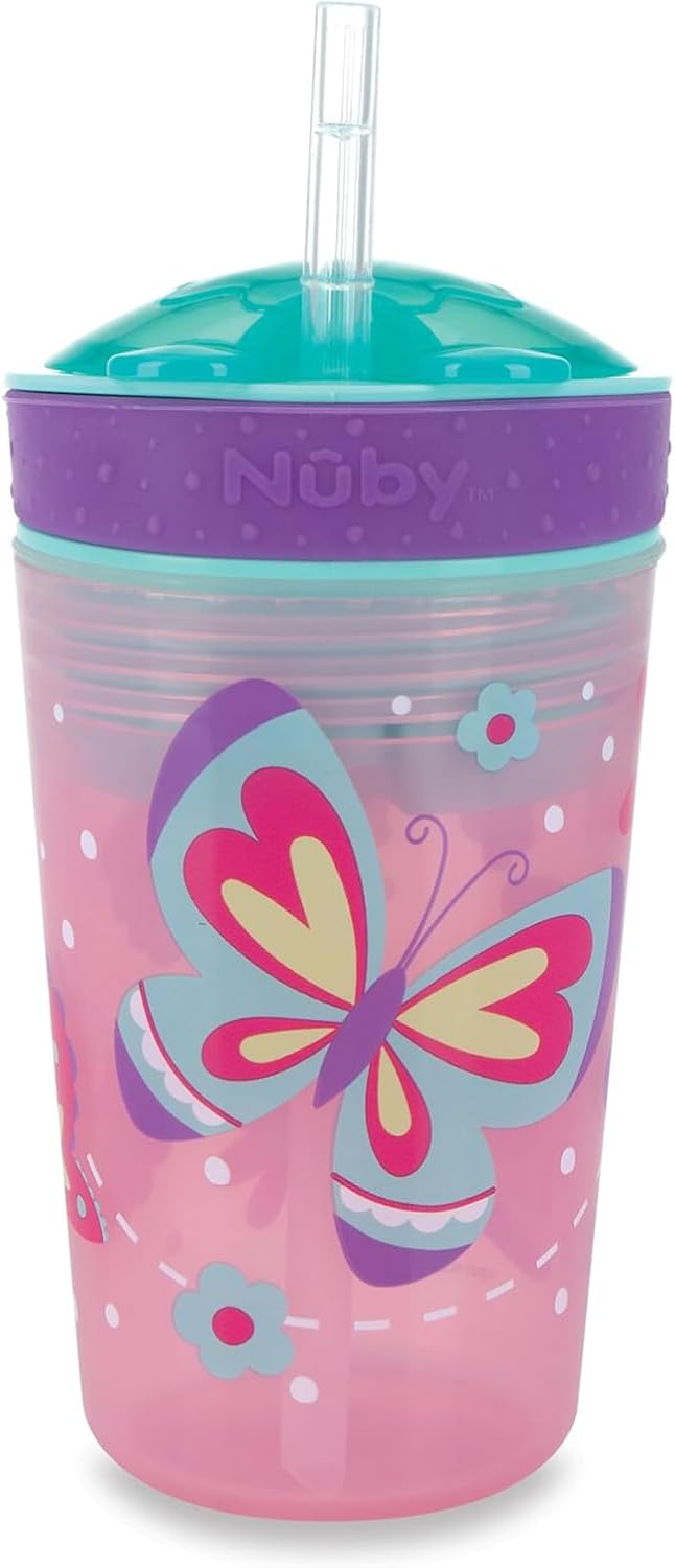 Nuby All in One Snack Bowl and No Spill Soft Straw Cup - Snack N' Sip Colors and Prints May Vary - Holds: 4.5 oz Container with Lid and 9 oz/ 270 ml Straw Cup (12 Months +)