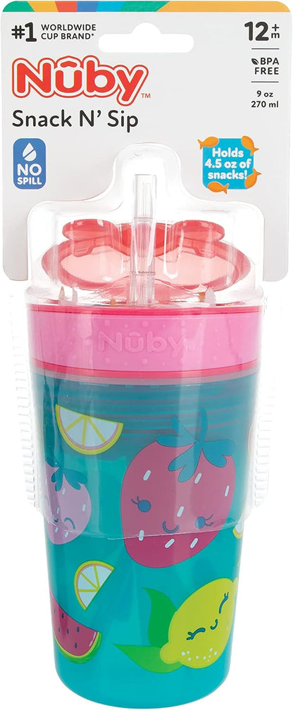 Nuby All in One Snack Bowl and No Spill Soft Straw Cup - Snack N' Sip Colors and Prints May Vary - Holds: 4.5 oz Container with Lid and 9 oz/ 270 ml Straw Cup (12 Months +)