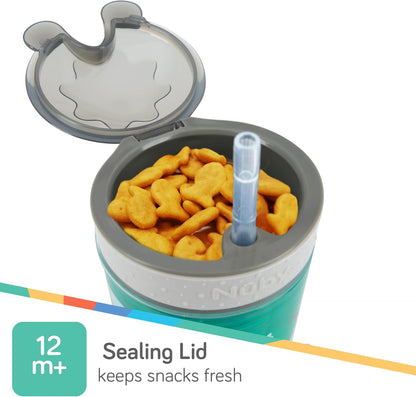 Nuby All in One Snack Bowl and No Spill Soft Straw Cup - Snack N' Sip Colors and Prints May Vary - Holds: 4.5 oz Container with Lid and 9 oz/ 270 ml Straw Cup (12 Months +)