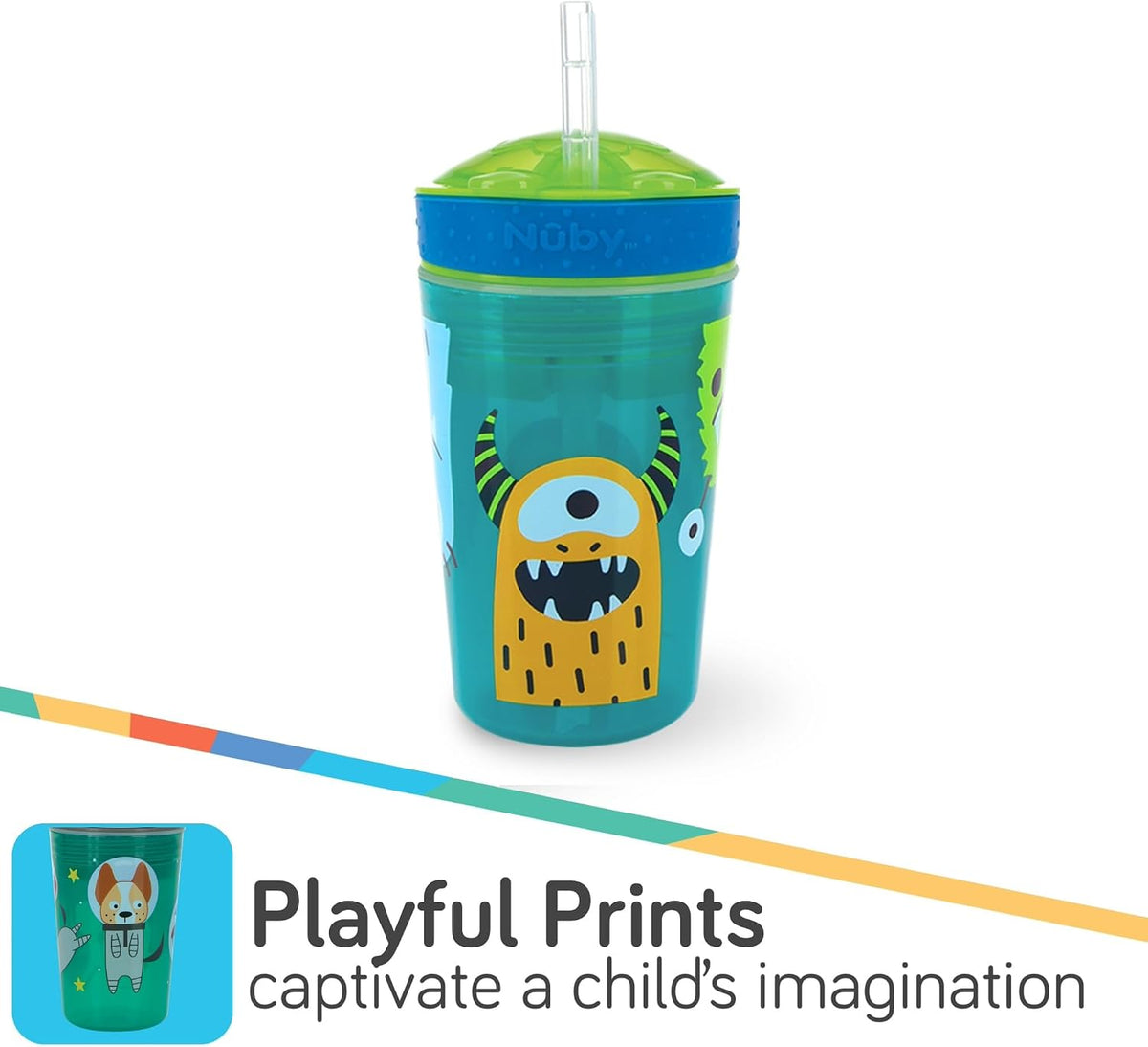 Nuby All in One Snack Bowl and No Spill Soft Straw Cup - Snack N' Sip Colors and Prints May Vary - Holds: 4.5 oz Container with Lid and 9 oz/ 270 ml Straw Cup (12 Months +)