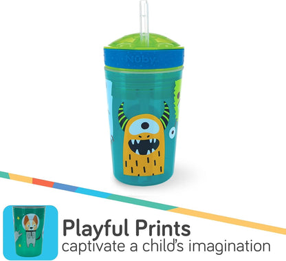 Nuby All in One Snack Bowl and No Spill Soft Straw Cup - Snack N' Sip Colors and Prints May Vary - Holds: 4.5 oz Container with Lid and 9 oz/ 270 ml Straw Cup (12 Months +)