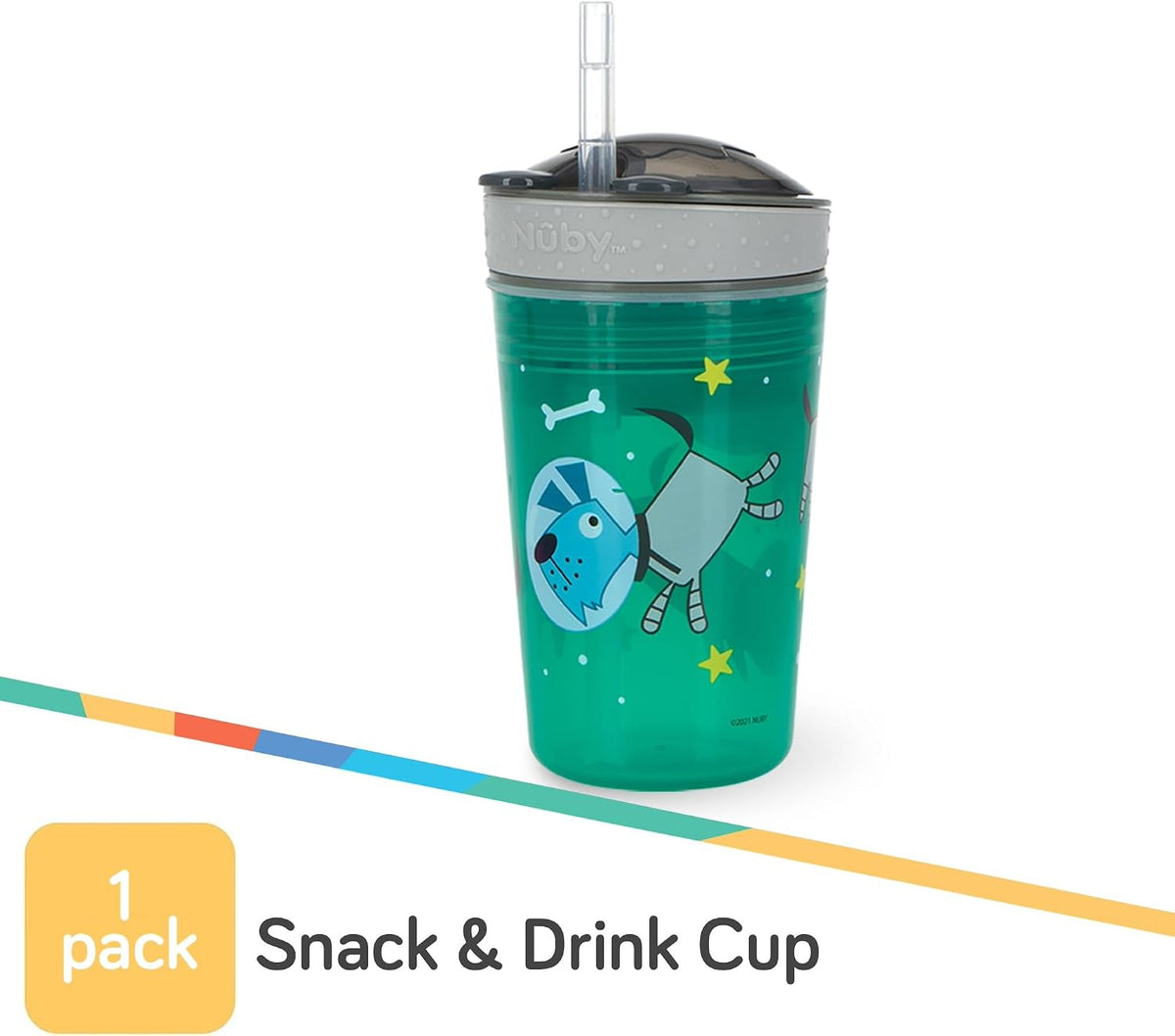 Nuby All in One Snack Bowl and No Spill Soft Straw Cup - Snack N' Sip Colors and Prints May Vary - Holds: 4.5 oz Container with Lid and 9 oz/ 270 ml Straw Cup (12 Months +)