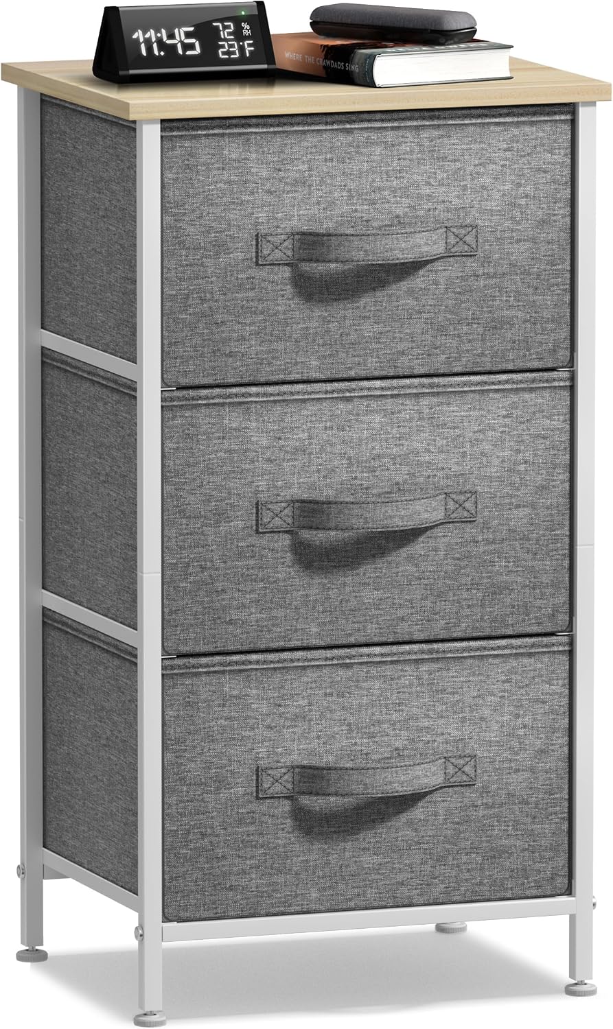 Nightstand, 5-Drawer Tall Chest for Bedroom, Wood Top (Gray Wood)