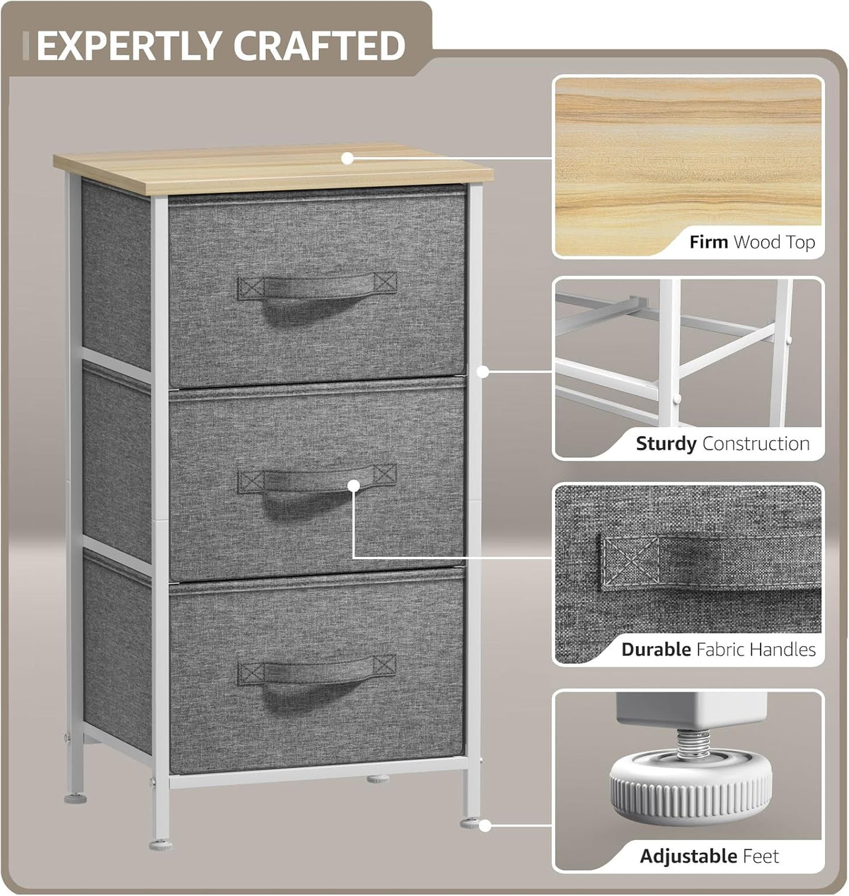 Nightstand, 5-Drawer Tall Chest for Bedroom, Wood Top (Gray Wood)