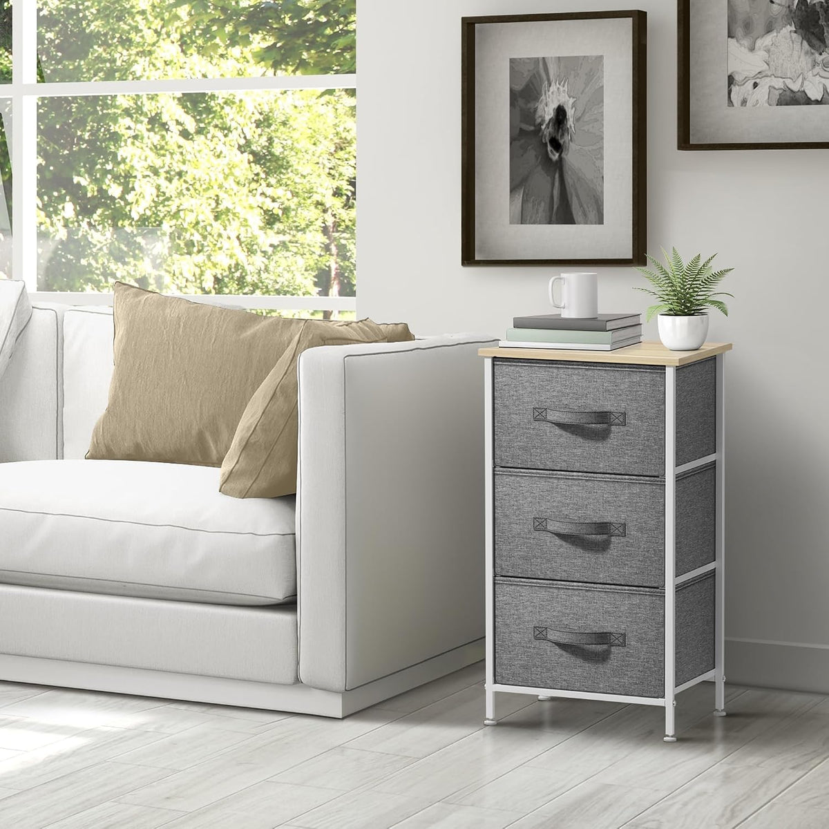 Nightstand, 5-Drawer Tall Chest for Bedroom, Wood Top (Gray Wood)