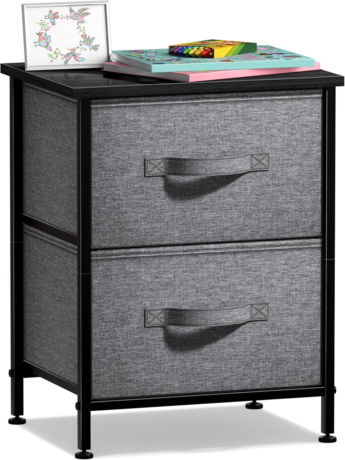 Nightstand, 5-Drawer Tall Chest for Bedroom, Wood Top (Gray Wood)