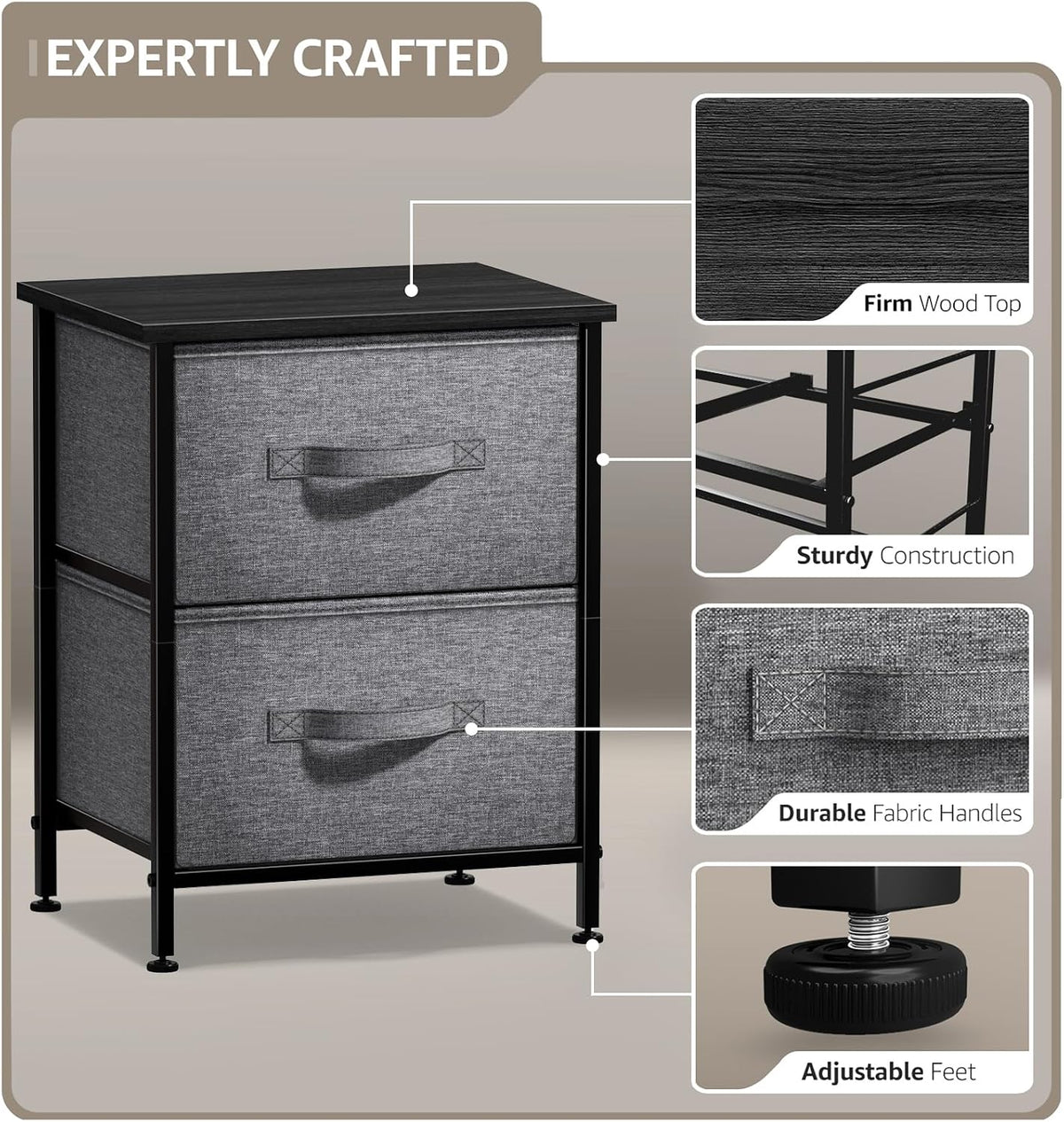 Nightstand, 5-Drawer Tall Chest for Bedroom, Wood Top (Gray Wood)