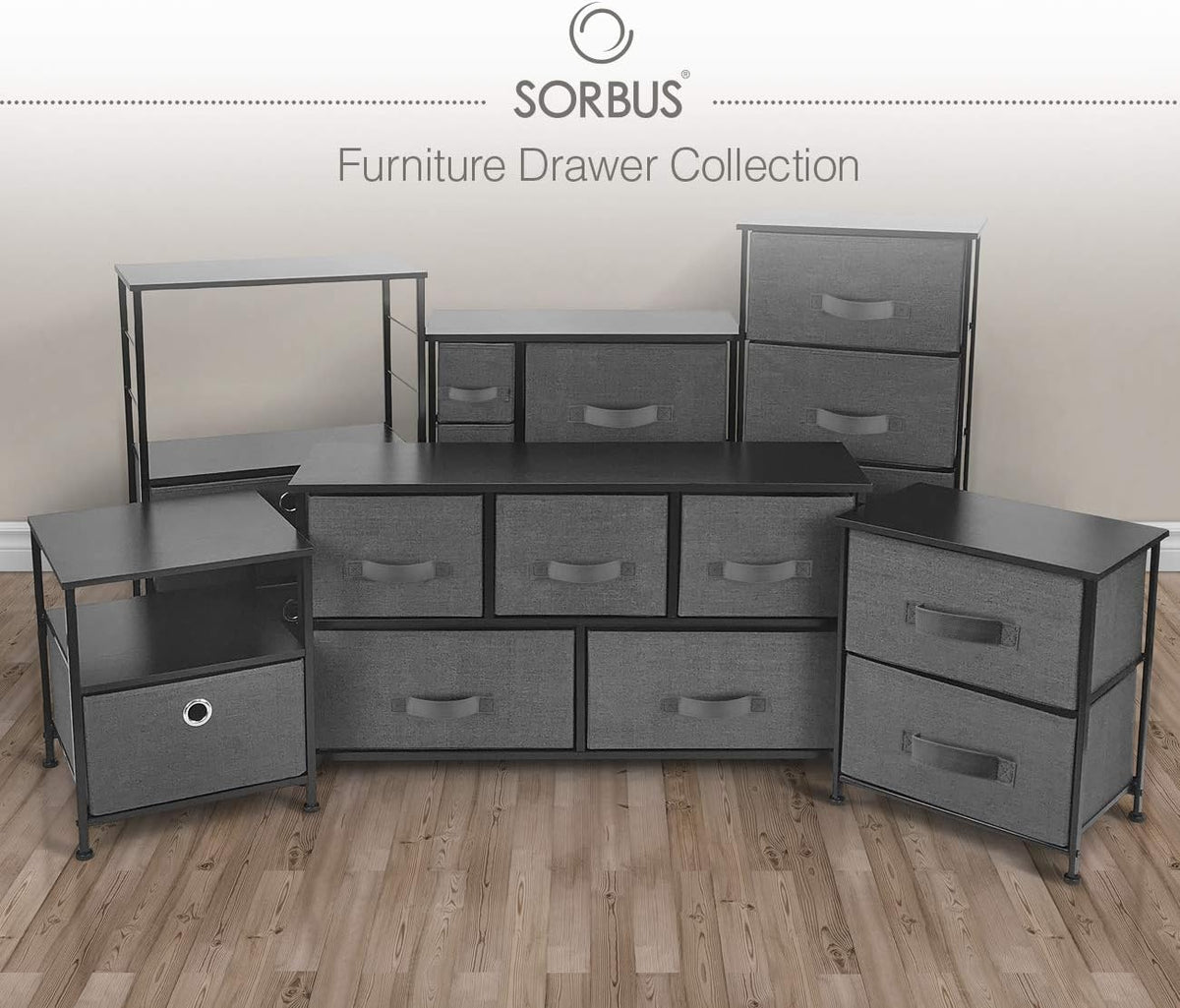Nightstand, 5-Drawer Tall Chest for Bedroom, Wood Top (Gray Wood)