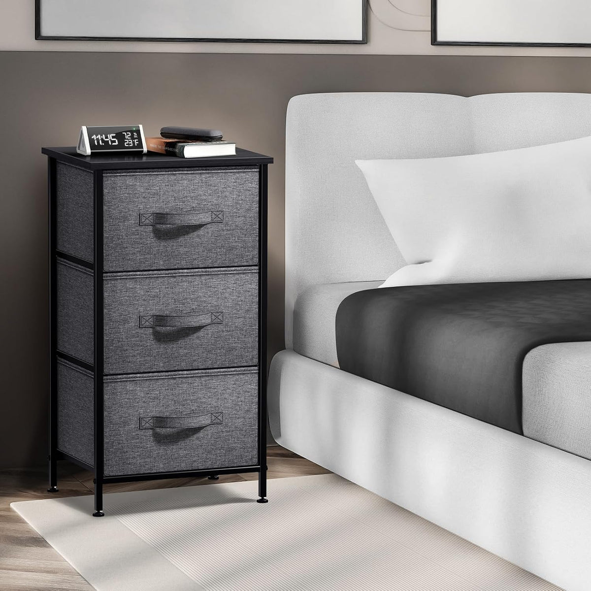 Nightstand, 5-Drawer Tall Chest for Bedroom, Wood Top (Gray Wood)