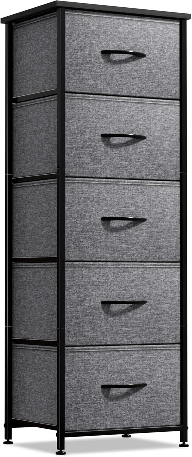 Nightstand, 5-Drawer Tall Chest for Bedroom, Wood Top (Gray Wood)