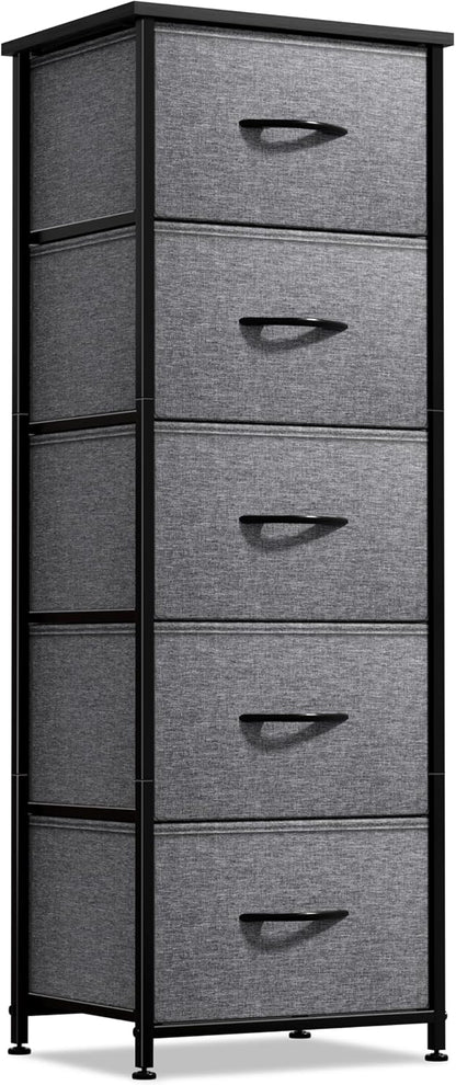 Nightstand, 5-Drawer Tall Chest for Bedroom, Wood Top (Gray Wood)
