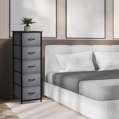 Nightstand, 5-Drawer Tall Chest for Bedroom, Wood Top (Gray Wood)