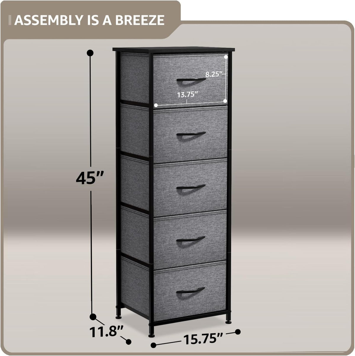 Nightstand, 5-Drawer Tall Chest for Bedroom, Wood Top (Gray Wood)