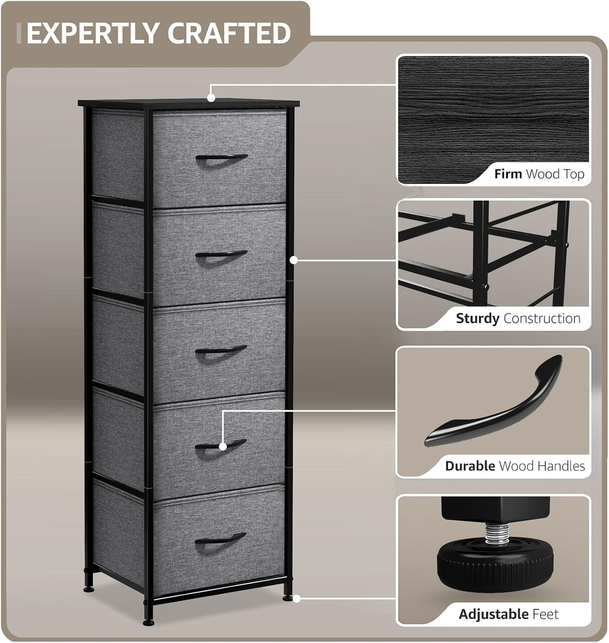 Nightstand, 5-Drawer Tall Chest for Bedroom, Wood Top (Gray Wood)
