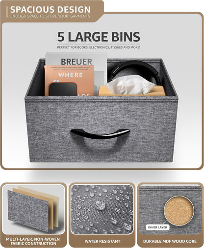 Nightstand, 5-Drawer Tall Chest for Bedroom, Wood Top (Gray Wood)
