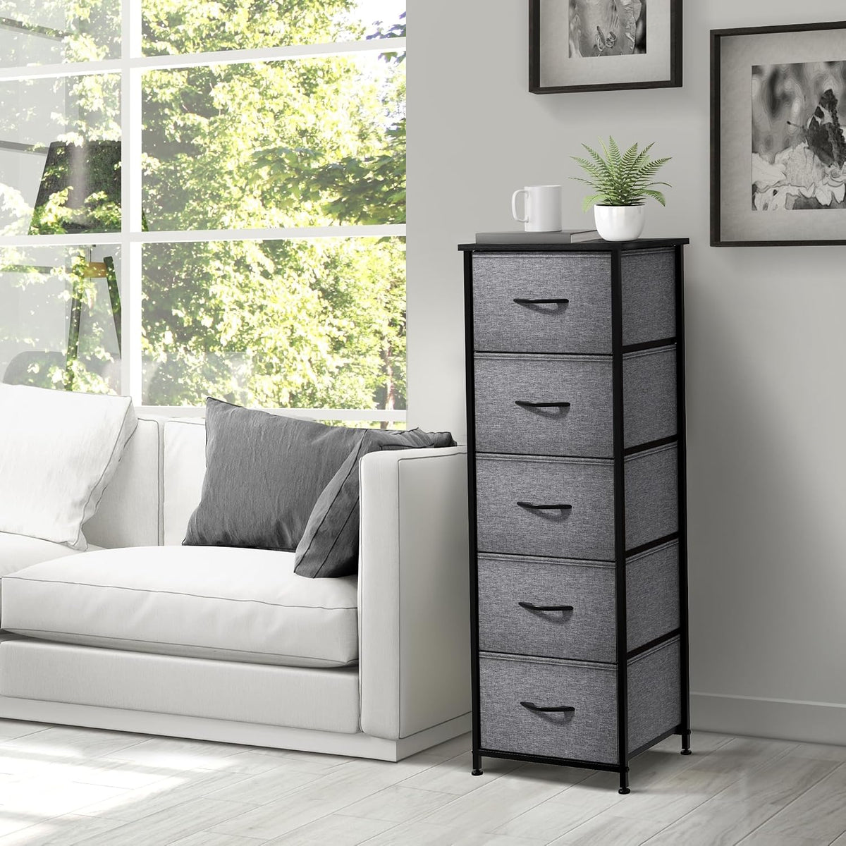 Nightstand, 5-Drawer Tall Chest for Bedroom, Wood Top (Gray Wood)