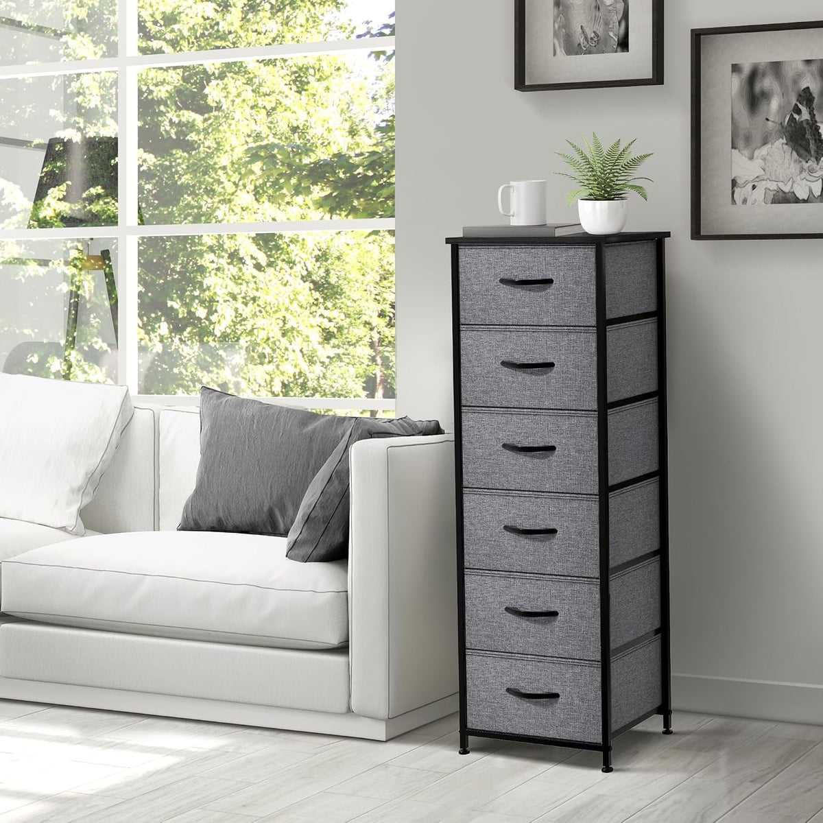 Nightstand, 5-Drawer Tall Chest for Bedroom, Wood Top (Gray Wood)