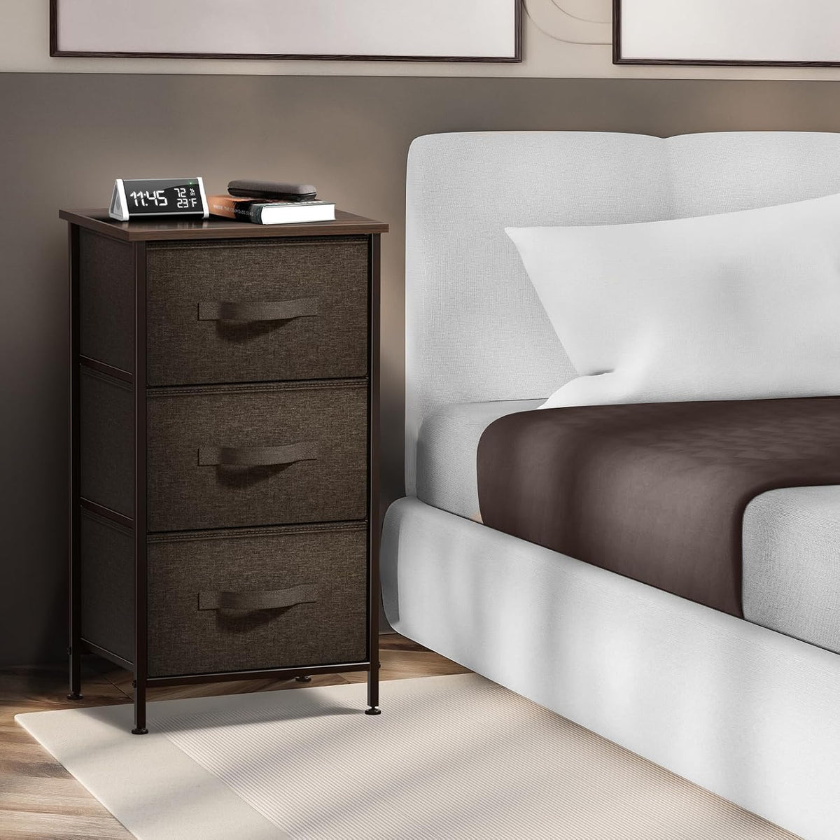 Nightstand, 5-Drawer Tall Chest for Bedroom, Wood Top (Gray Wood)