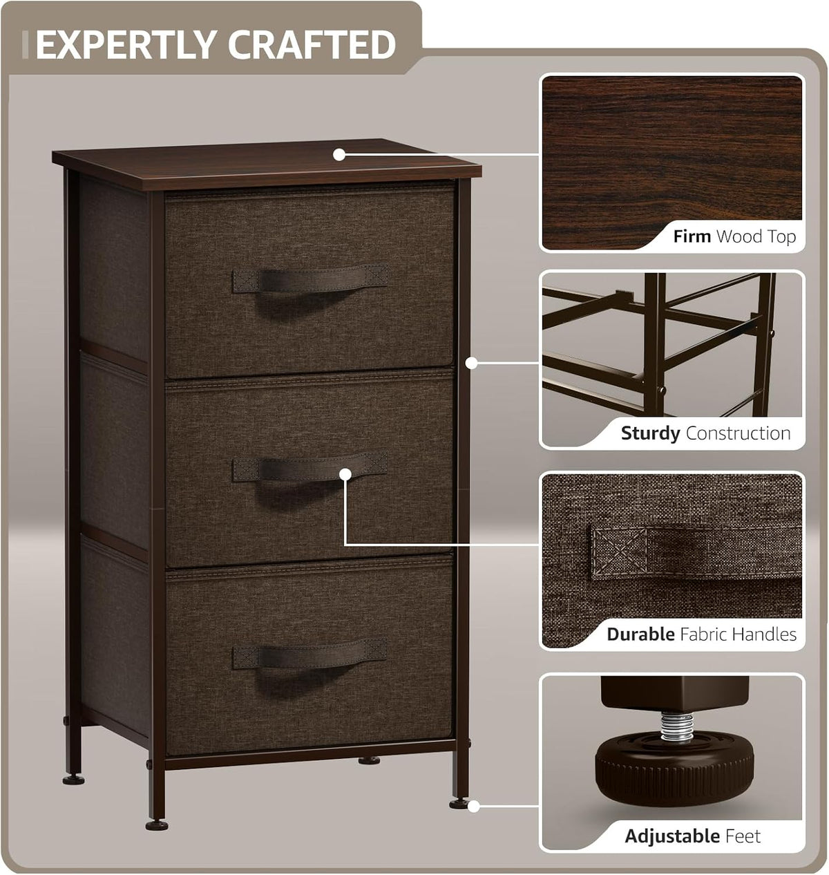 Nightstand, 5-Drawer Tall Chest for Bedroom, Wood Top (Gray Wood)