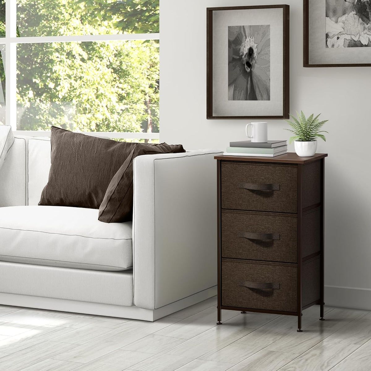 Nightstand, 5-Drawer Tall Chest for Bedroom, Wood Top (Gray Wood)