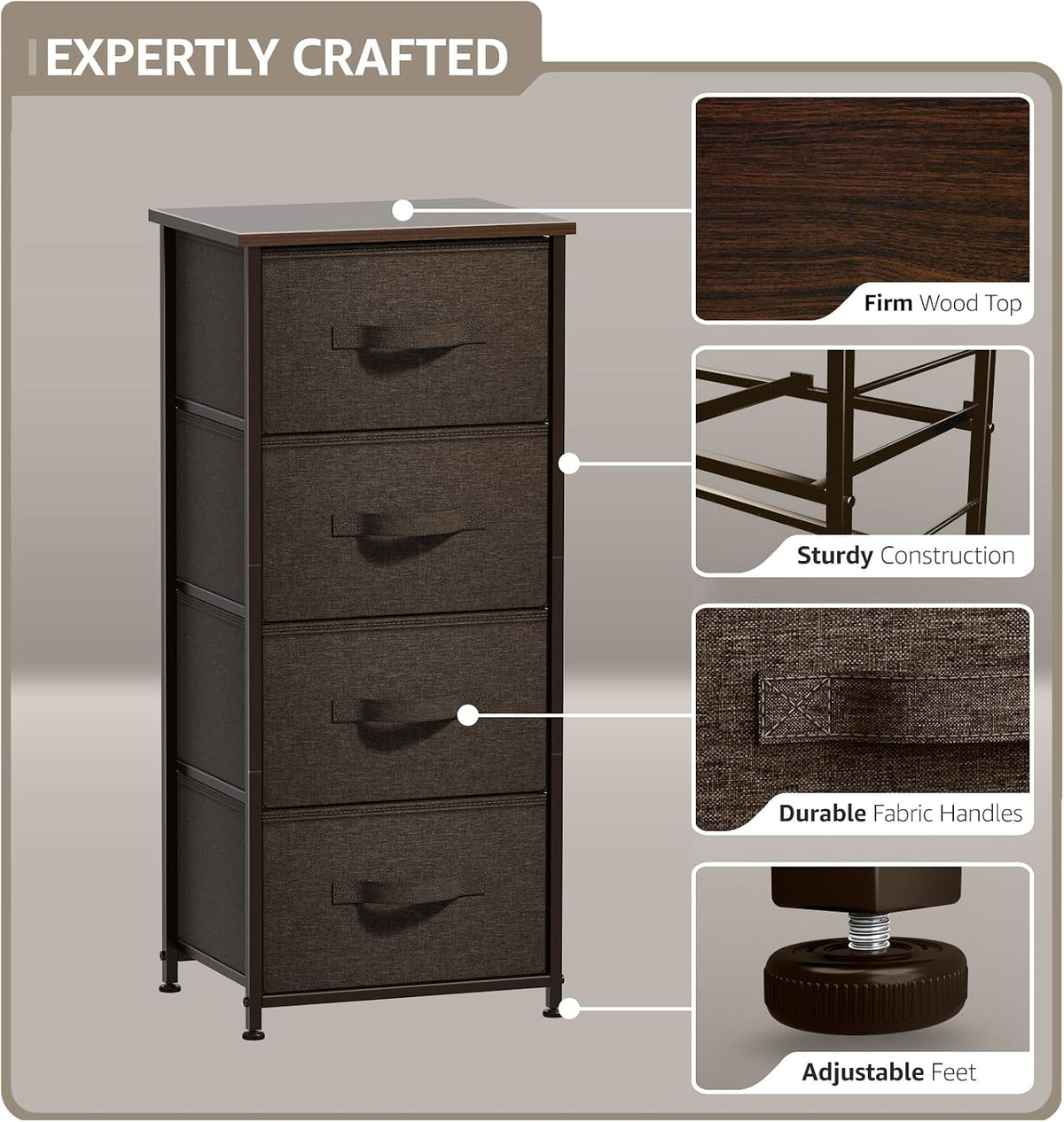 Nightstand, 5-Drawer Tall Chest for Bedroom, Wood Top (Gray Wood)