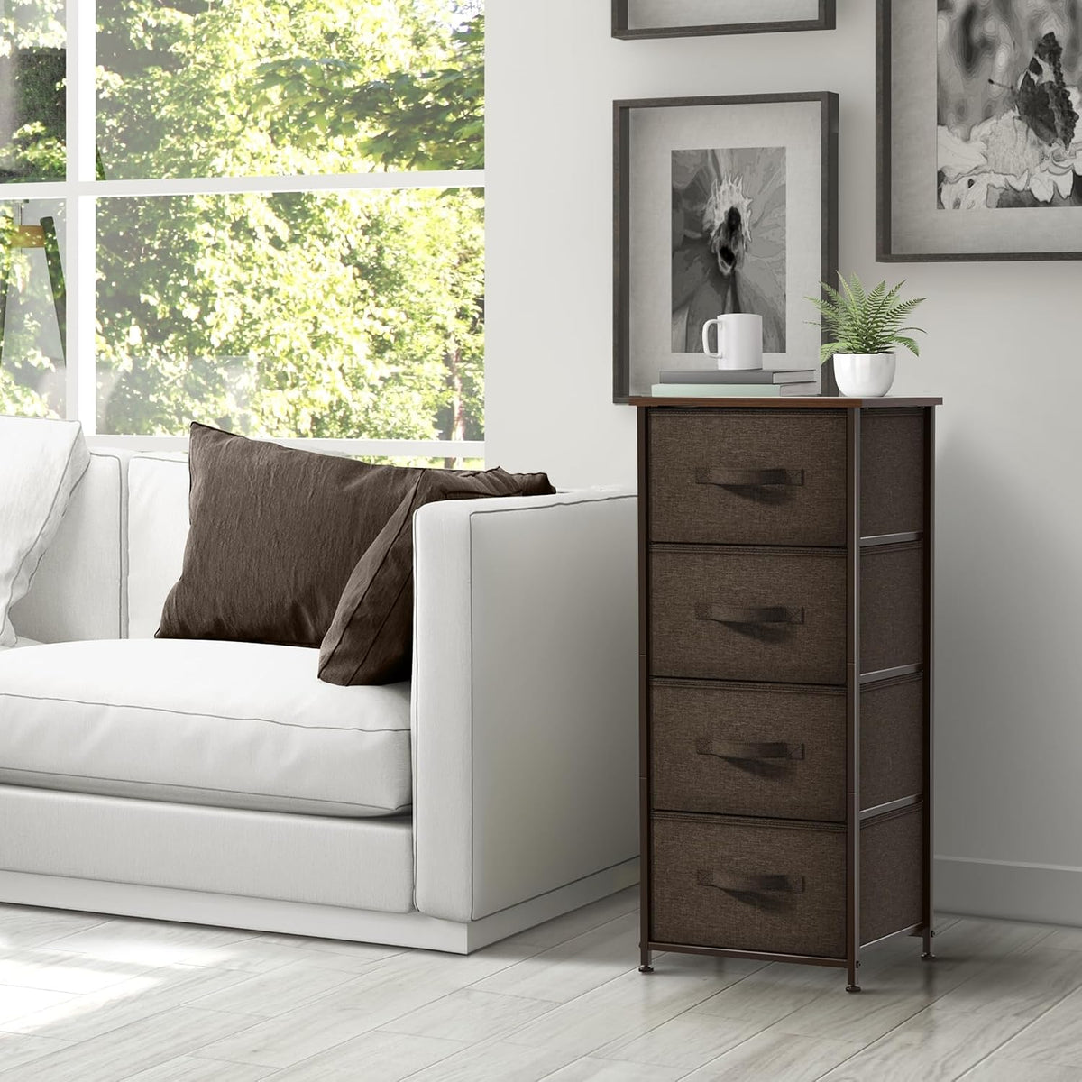 Nightstand, 5-Drawer Tall Chest for Bedroom, Wood Top (Gray Wood)