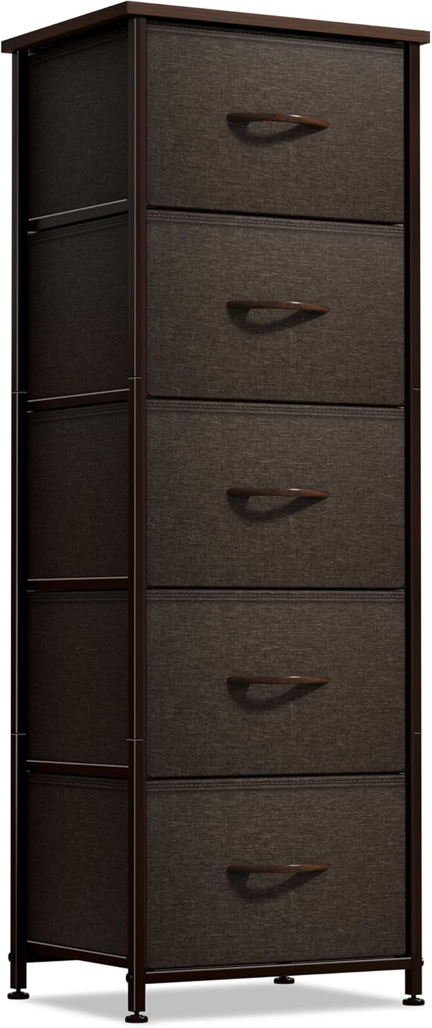 Nightstand, 5-Drawer Tall Chest for Bedroom, Wood Top (Gray Wood)