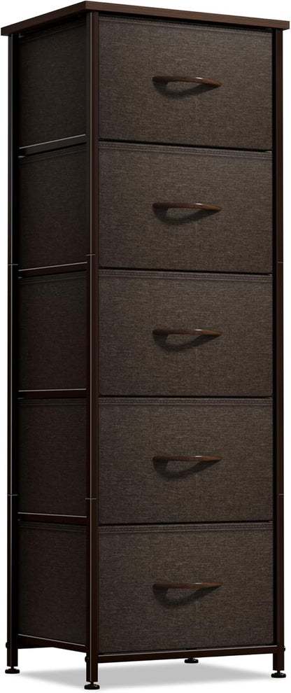 Nightstand, 5-Drawer Tall Chest for Bedroom, Wood Top (Gray Wood)