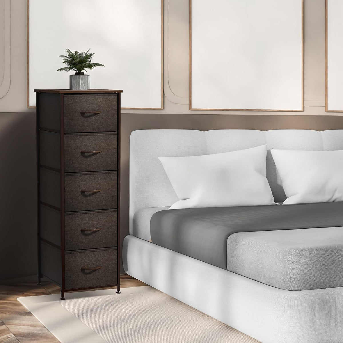 Nightstand, 5-Drawer Tall Chest for Bedroom, Wood Top (Gray Wood)