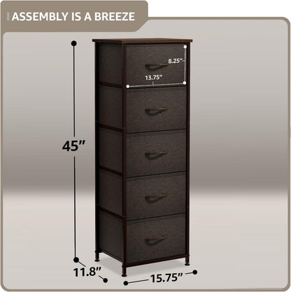 Nightstand, 5-Drawer Tall Chest for Bedroom, Wood Top (Gray Wood)