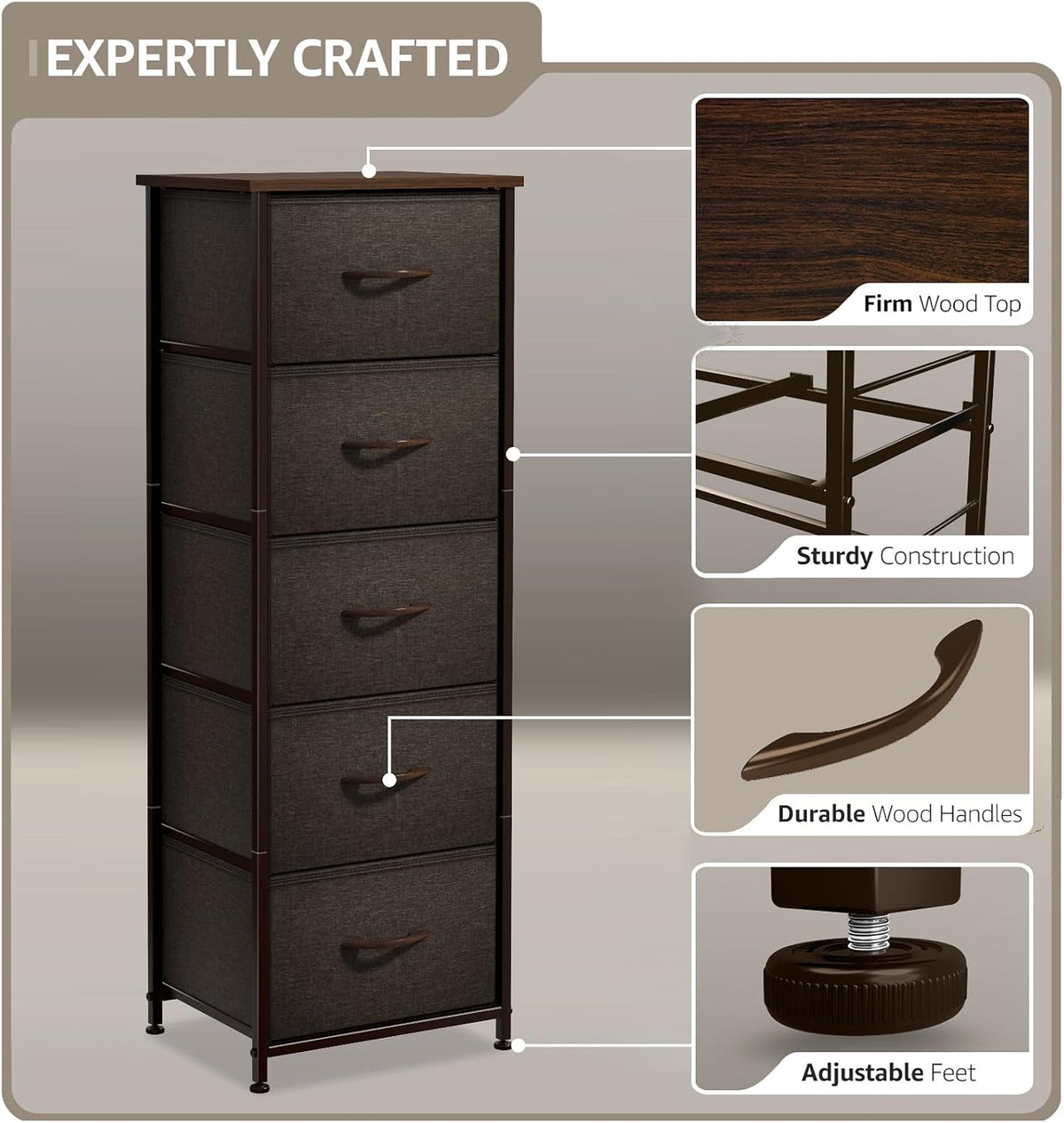 Nightstand, 5-Drawer Tall Chest for Bedroom, Wood Top (Gray Wood)