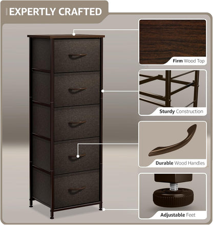 Nightstand, 5-Drawer Tall Chest for Bedroom, Wood Top (Gray Wood)