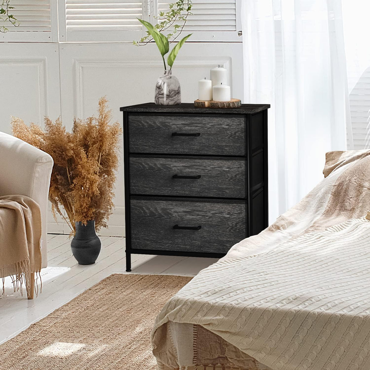 Nightstand, 5-Drawer Tall Chest for Bedroom, Wood Top (Gray Wood)