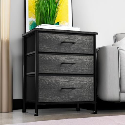 Nightstand, 5-Drawer Tall Chest for Bedroom, Wood Top (Gray Wood)