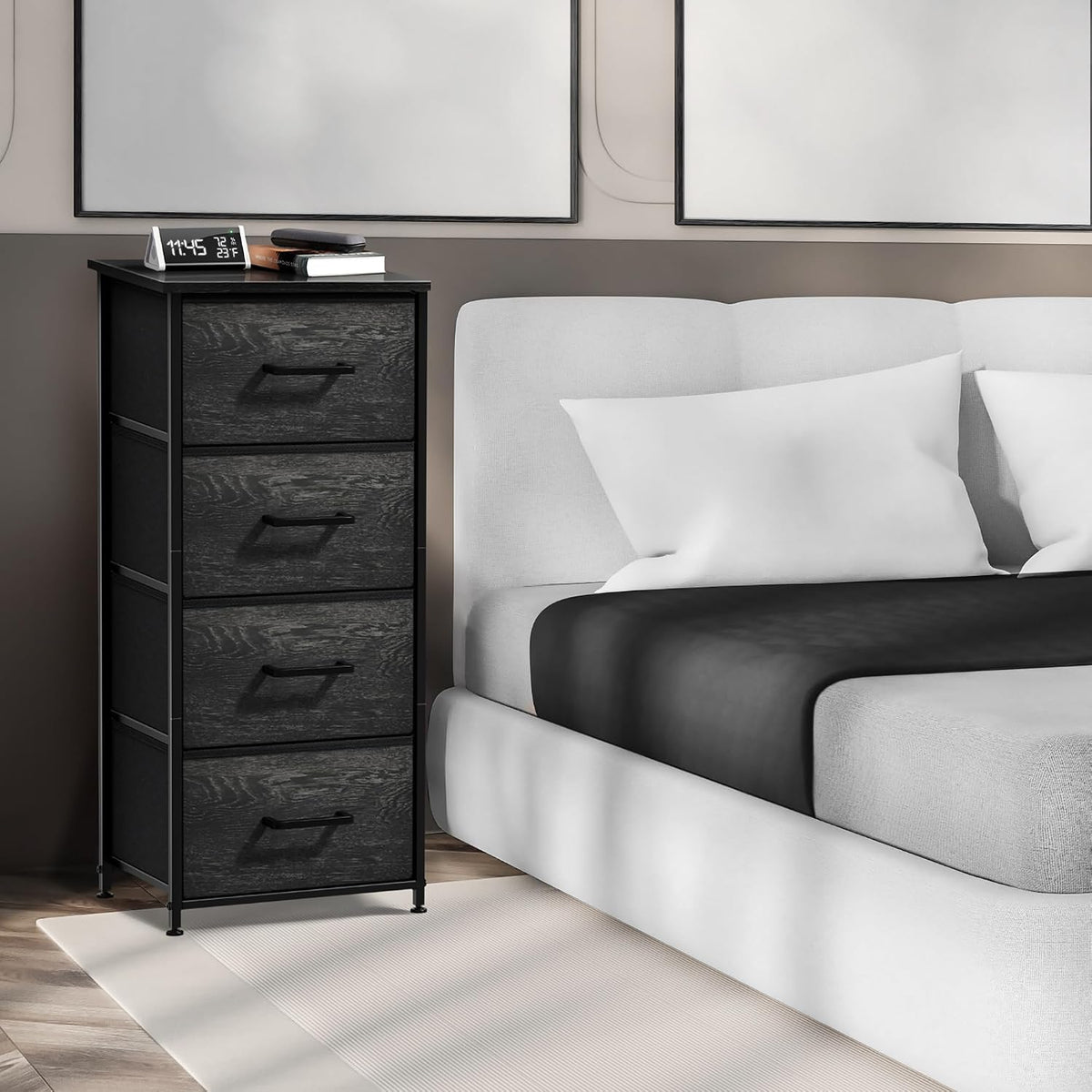 Nightstand, 5-Drawer Tall Chest for Bedroom, Wood Top (Gray Wood)