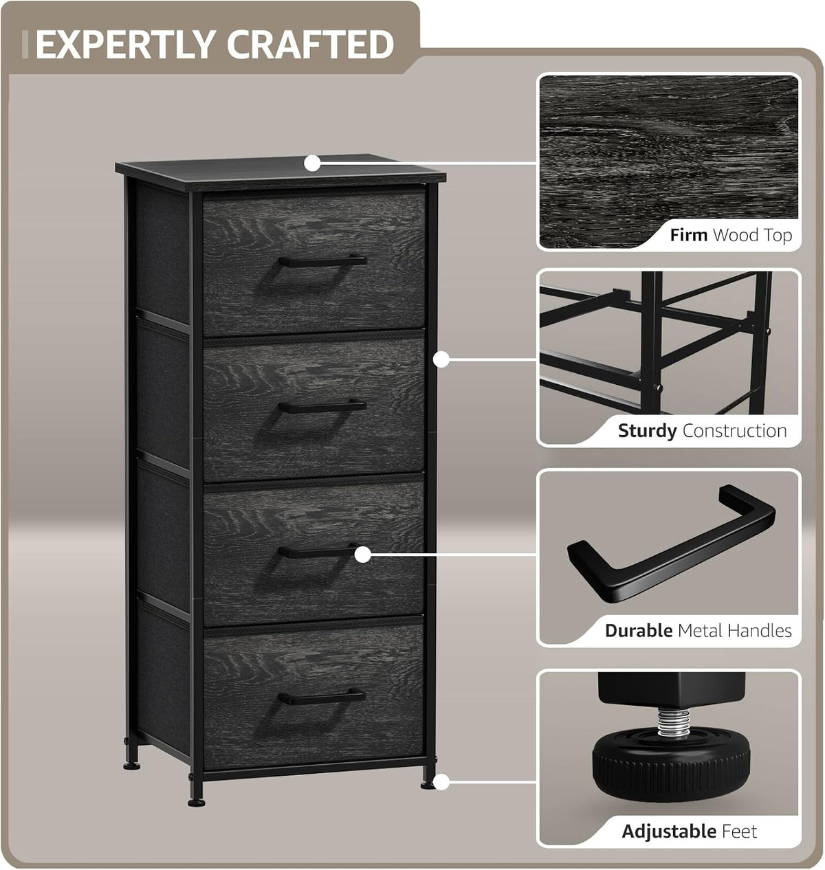 Nightstand, 5-Drawer Tall Chest for Bedroom, Wood Top (Gray Wood)