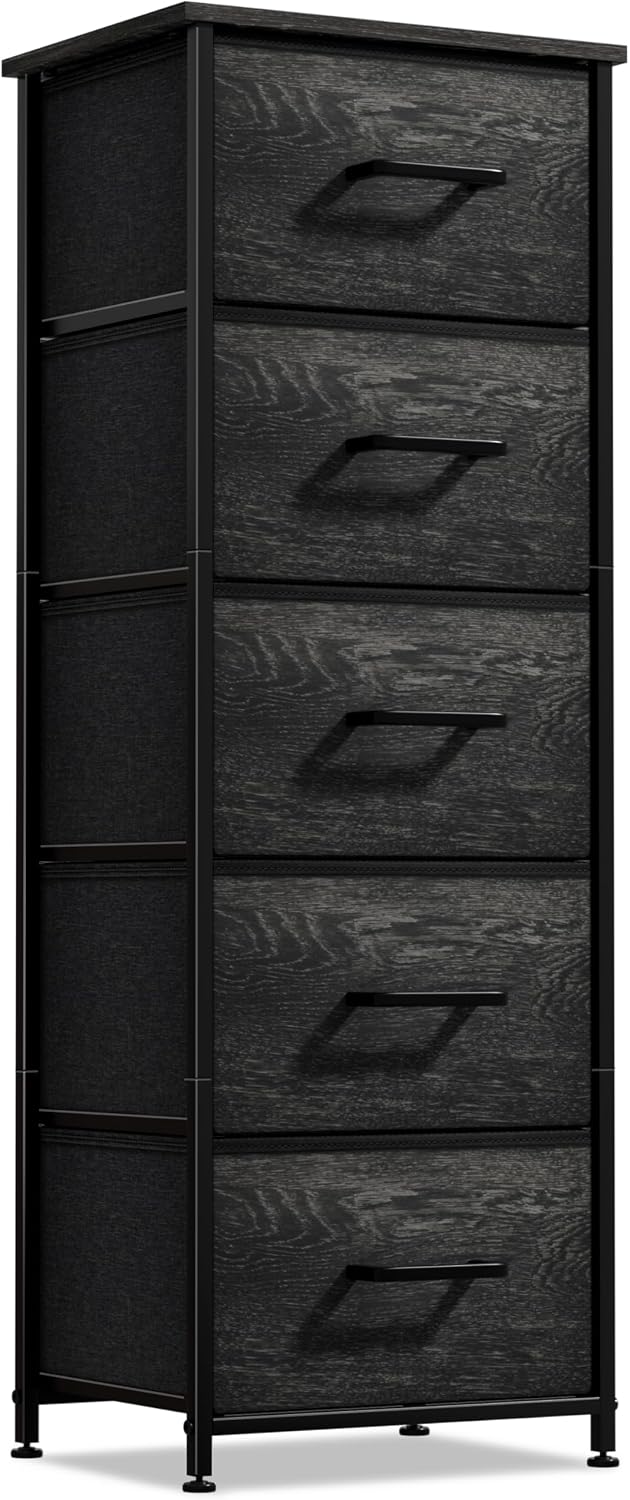 Nightstand, 5-Drawer Tall Chest for Bedroom, Wood Top (Gray Wood)