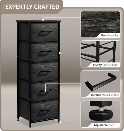 Nightstand, 5-Drawer Tall Chest for Bedroom, Wood Top (Gray Wood)