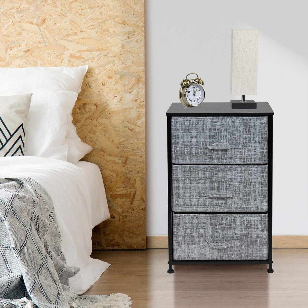 Nightstand, 5-Drawer Tall Chest for Bedroom, Wood Top (Gray Wood)