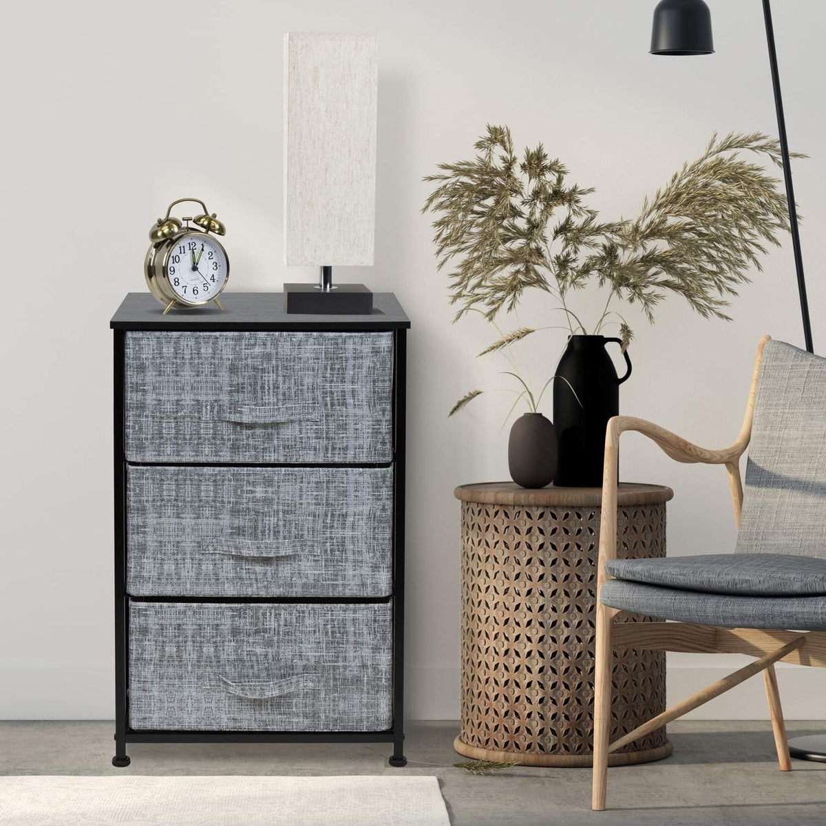 Nightstand, 5-Drawer Tall Chest for Bedroom, Wood Top (Gray Wood)