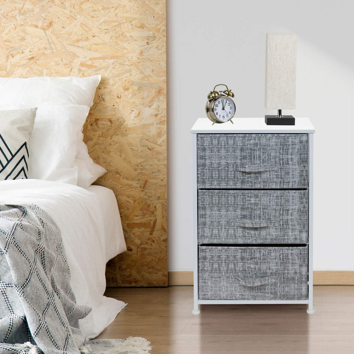 Nightstand, 5-Drawer Tall Chest for Bedroom, Wood Top (Gray Wood)