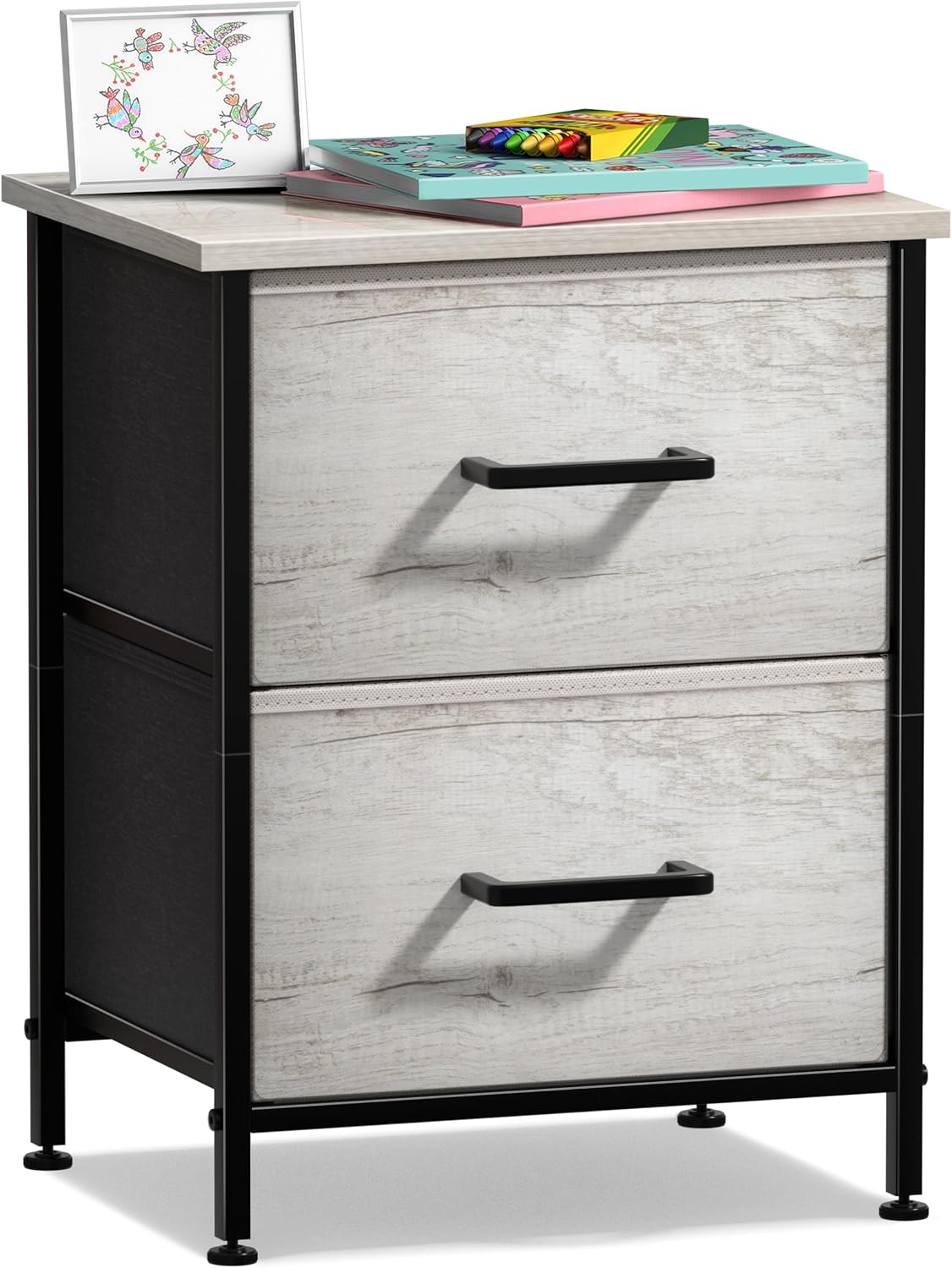Nightstand, 5-Drawer Tall Chest for Bedroom, Wood Top (Gray Wood)