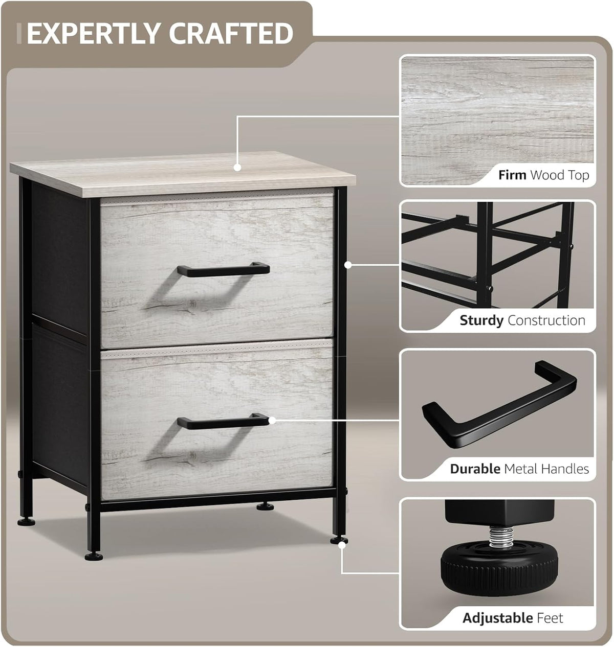 Nightstand, 5-Drawer Tall Chest for Bedroom, Wood Top (Gray Wood)