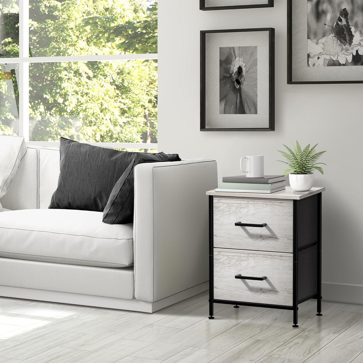 Nightstand, 5-Drawer Tall Chest for Bedroom, Wood Top (Gray Wood)